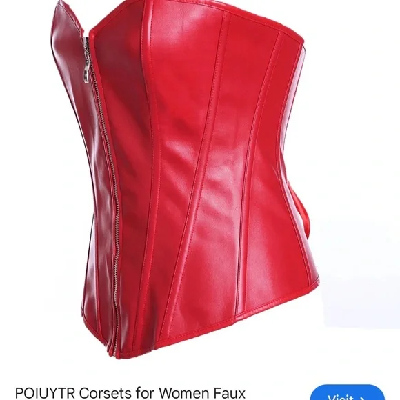 #1667**Red Leather Zip-Front Corset Top - Picture 3 of 10